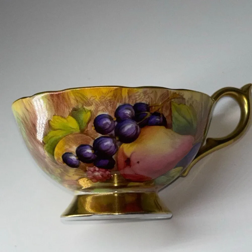 Vtg Aynsley Orchard Fruit Gold Tea Cup Saucer English Bone China England scallop